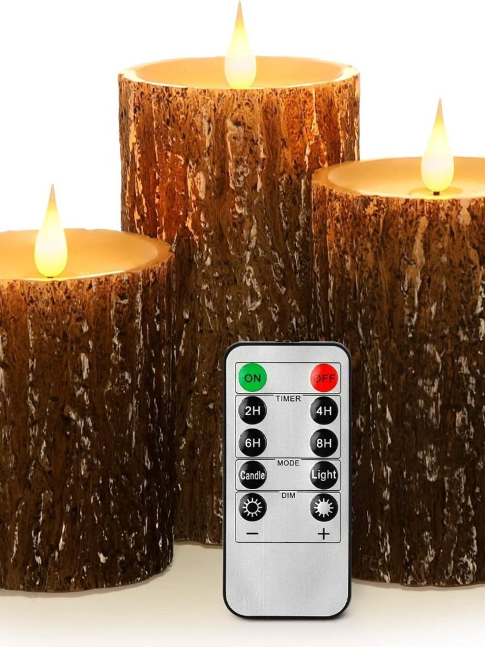 Pine Bark Effect Flameless Candles Battery Operated Pillar Real Wax Flickering E